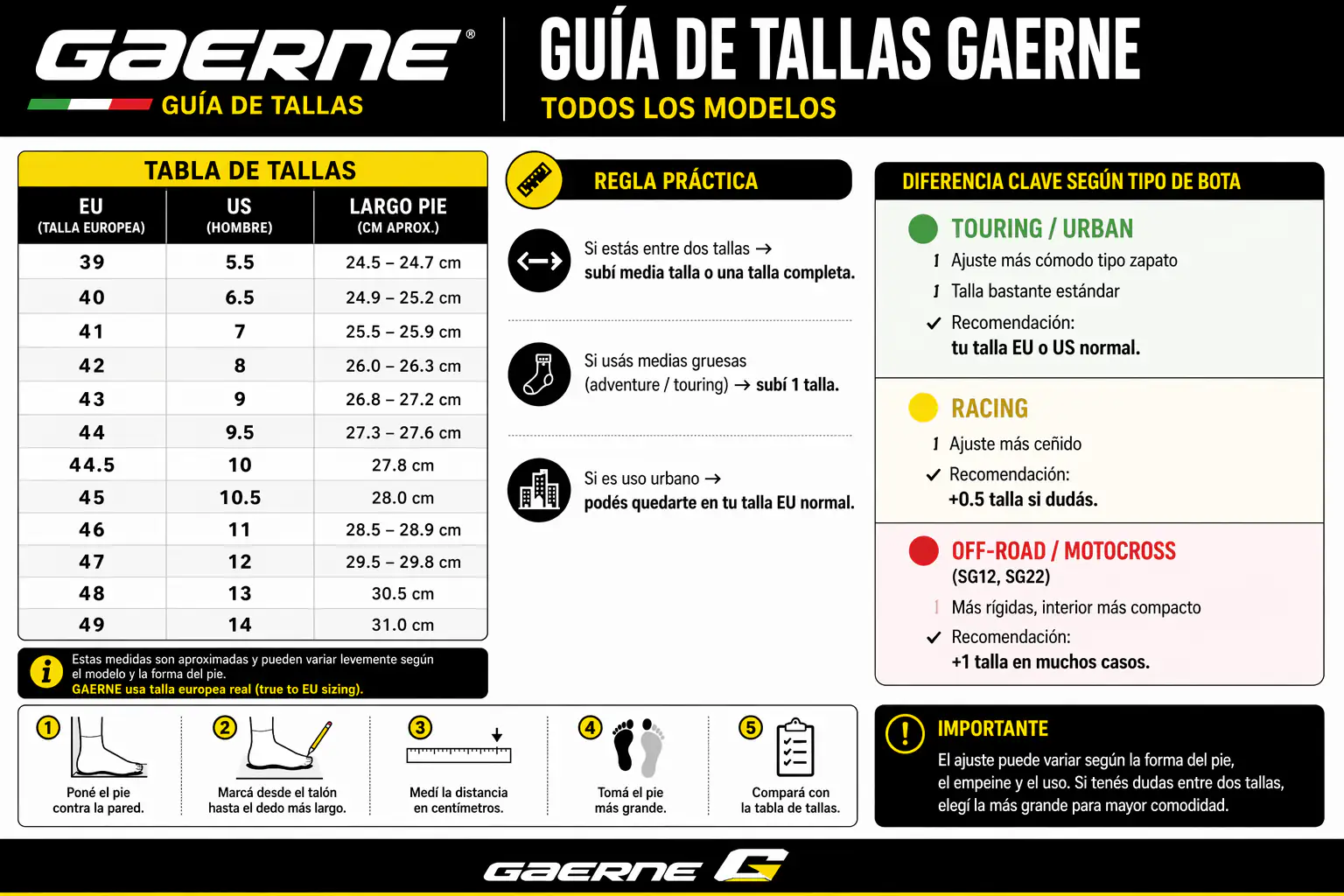 Guía de tallas GAERNE Moto Garage Miami